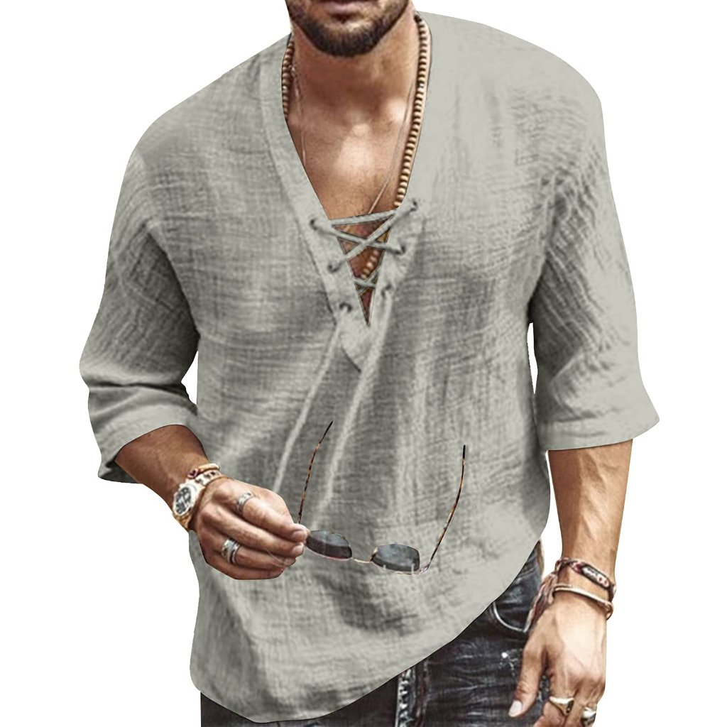 Men's Fashion Shirt Short Sleeve V-Neck Drawstring Yoga African Summer Top